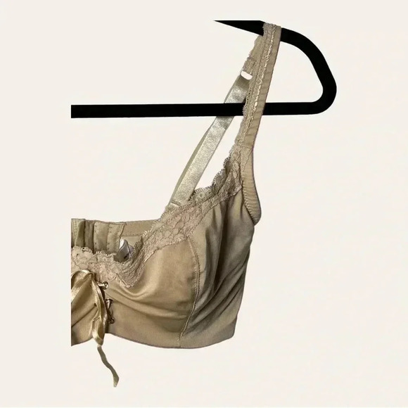 0344. Frederick’s of Hollywood Vintage Underbust‎ Bra 32F Beige Lace Trim - Picture 2 of 7
